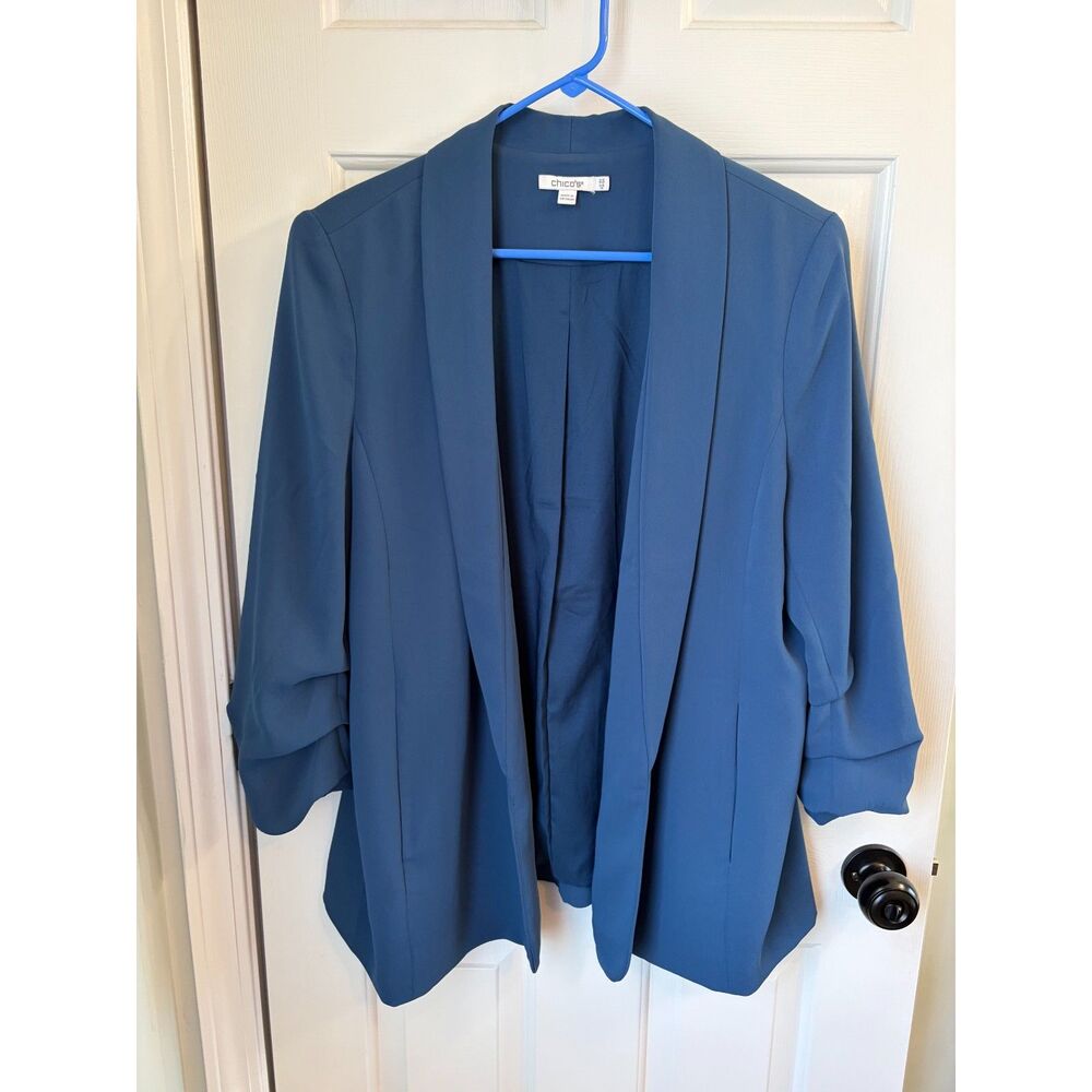 Chico's Ruched Sleeve Blazer Office Workwear Business Casual Size 2.5 14 Blue
